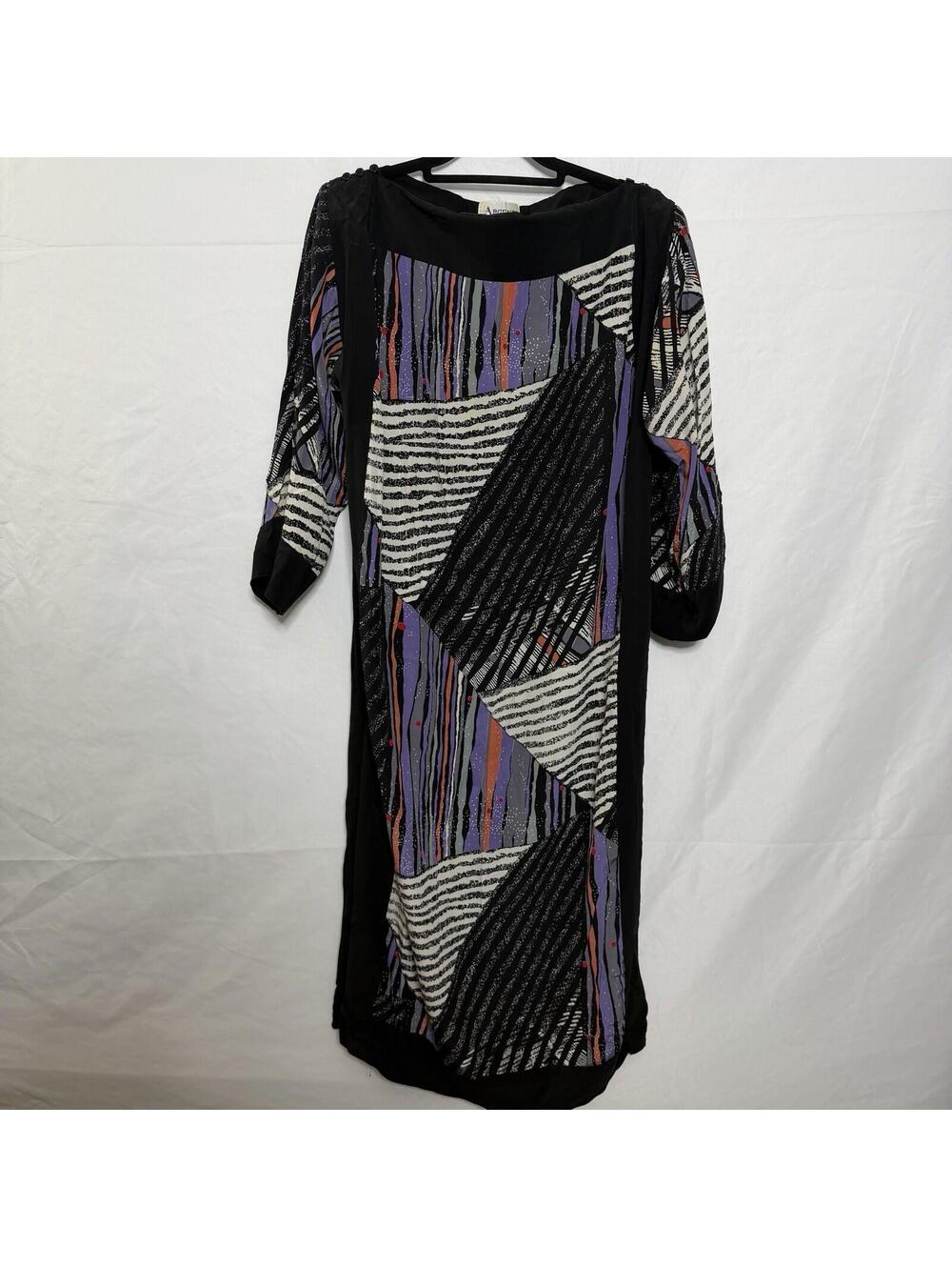Argenti Vintage 80s 100% Silk Abstract Print Midi Dress Black Purple Size 14